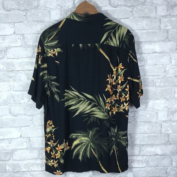 Caribbean Joe Black Rayon/Polyester Loop Button Palm Flower Hawaiian Shirt L - Picture 2 of 8